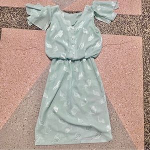 vintage, sheer, shimmery leaves pastel green midi pull over summer dress